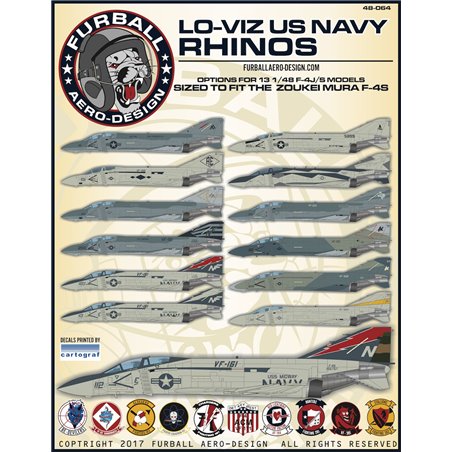 1/48 decals 'Lo-Viz U.S. Navy Rhinos' has options for 11 McDonnell F-4S aircraft, and 2 F-4J aircraft.