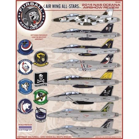 1/48 decals  "Airwing All Stars: 2014 NAS Oceana Review" covers 4 McDonnell-Douglas F/A-18A/C s and 4 Boeing F/A-18E/Fs