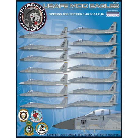 1/48 decals “USAFE MOD Eagles" has options for fifteen European basedMcDonnell F-15A/C/F-15Ds 